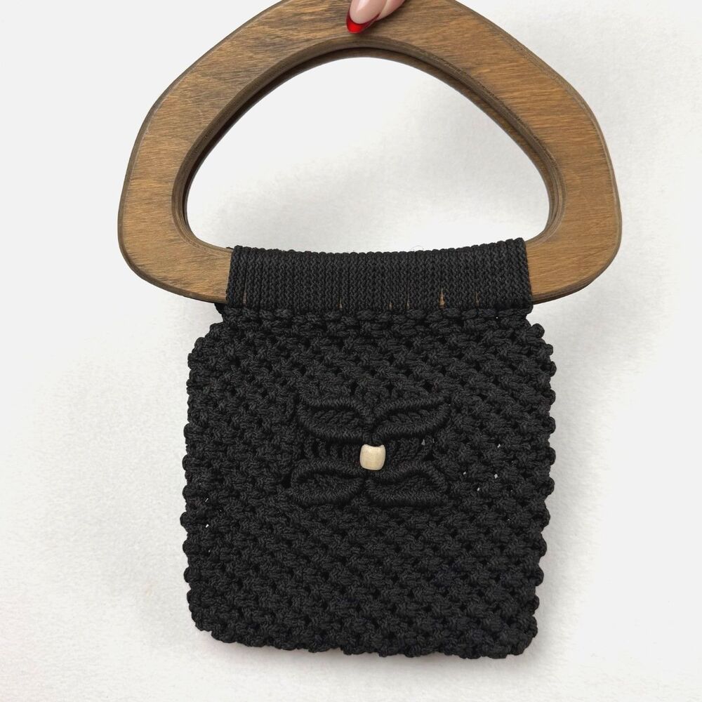 Vintage 70s Black Macrame Handbag Boho Wood Handle Knit Purse Square 1970s